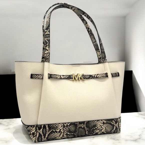 Michael Kors Reed Large Tote Bag Snakeskin Cream/Black - Picture 1 of 9